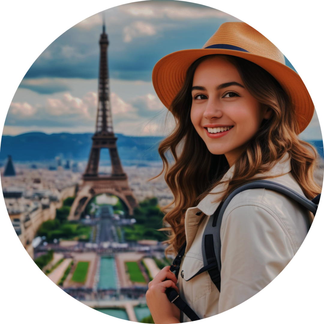 Woman smiling in front of the Eiffel Tower